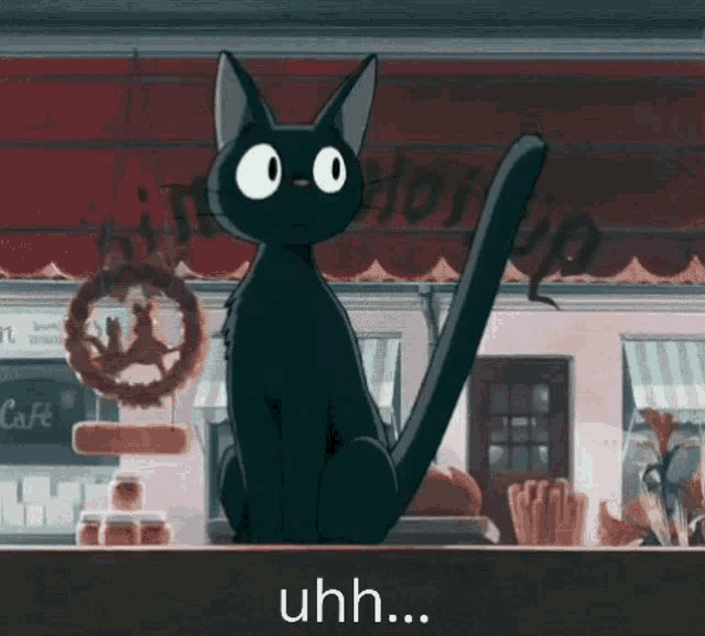 a black cat is sitting on a window sill in front of a store with the words uhh written below it