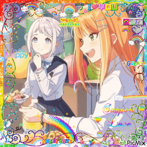 two anime girls are sitting at a table with a rainbow in the background