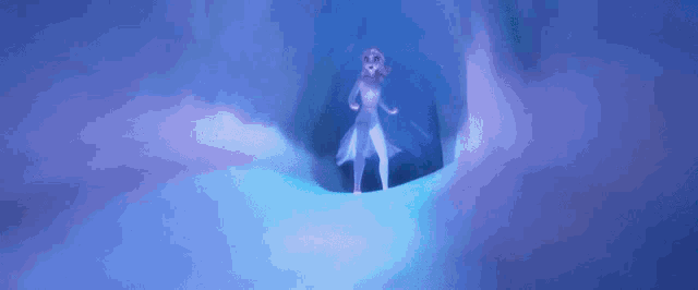 a cartoon character is standing in a tunnel of ice .