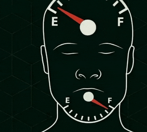 a drawing of a man 's face with a fuel gauge pointing to the e and f levels