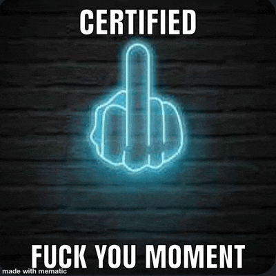 a neon sign that says certified fuck you moment with a middle finger