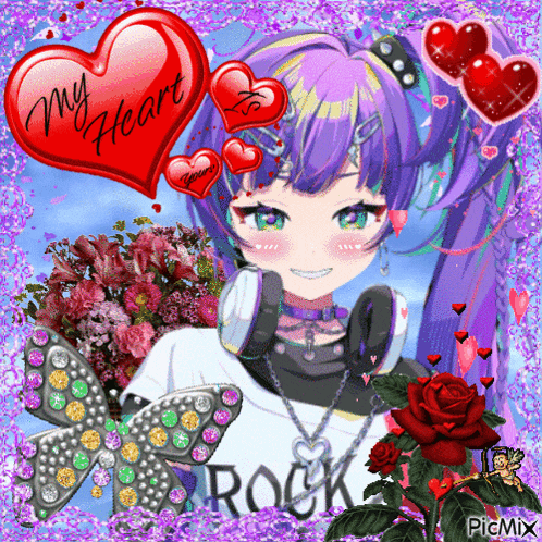 a picture of a girl with purple hair and headphones with a heart that says my heart