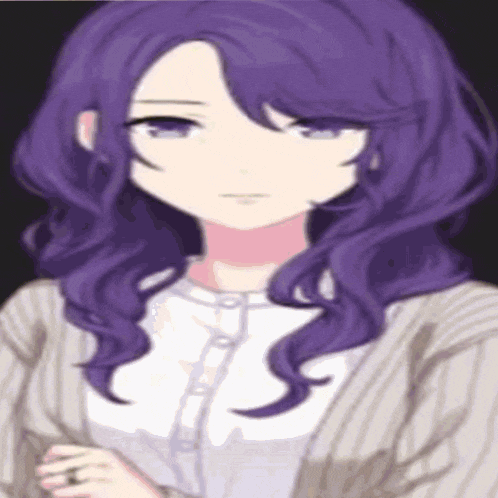 a girl with purple hair and blue eyes is wearing a white shirt
