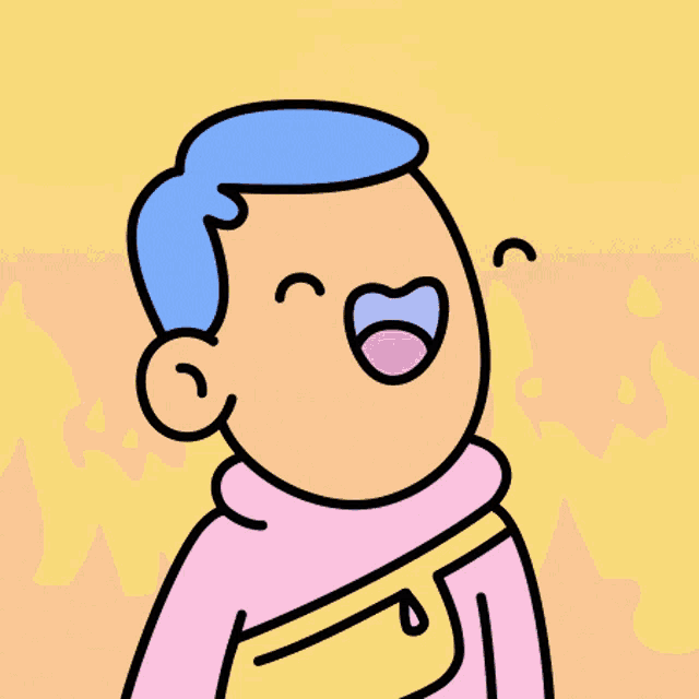 a cartoon drawing of a boy with blue hair and a yellow bag