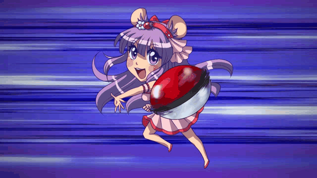 a cartoon of a girl with purple hair holding a red button