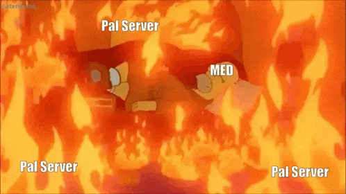 a cartoon character is surrounded by flames and the words pal server and med are written on the bottom of the screen .