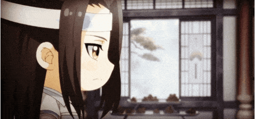 a cartoon character with long hair and a bandage on his head is standing in front of a window .