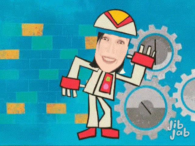 a cartoon of a woman wearing a hard hat and holding a book with jib jab written on the bottom right