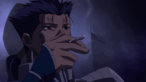 a man smoking a cigarette with a purple background