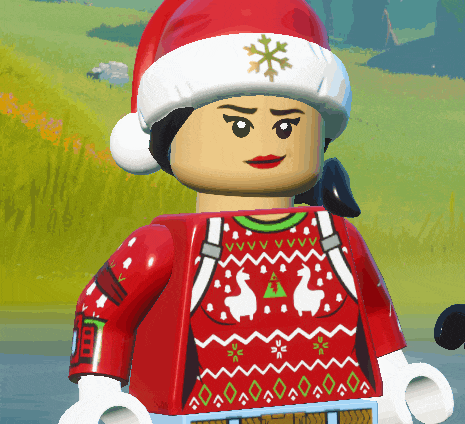 a lego woman wearing a santa hat and a red sweater