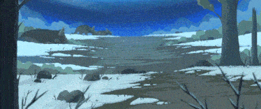 a painting of a snowy landscape with trees in the foreground