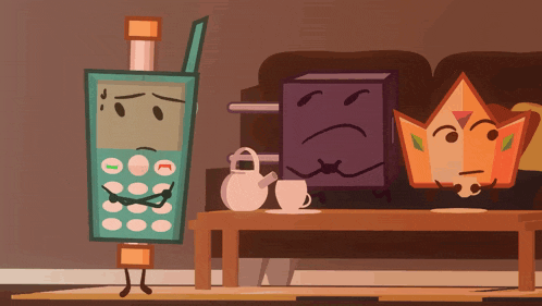 a cartoon drawing of a cell phone and two other objects