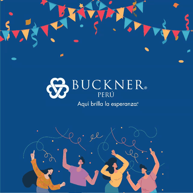 an advertisement for buckner peru with people dancing and confetti