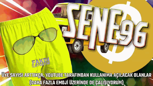 a yellow van is behind a pair of neon green shorts that say fake