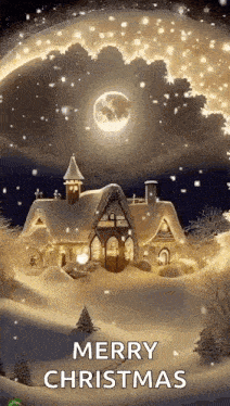 a merry christmas greeting card with a house in the snow and a full moon in the background .