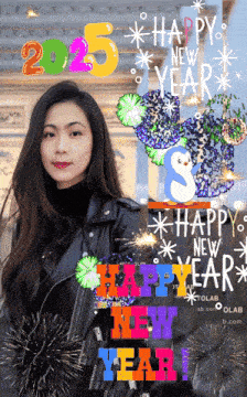 a woman in a black jacket is surrounded by fireworks and the words happy new year
