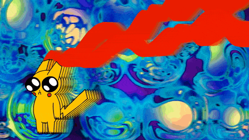 a colorful painting of a pikachu with a red smoke coming out of its mouth