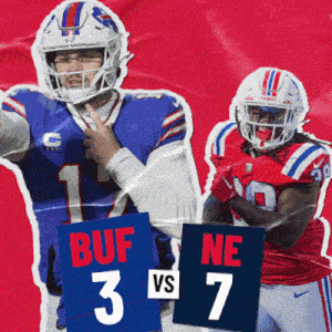 two football players holding up signs that say " buf 3 vs 7 "