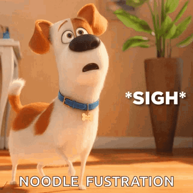a cartoon dog with a blue collar is standing in front of a potted plant and says " sigh noodle frustration "