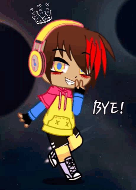 a cartoon character with headphones and a crown on his head says bye