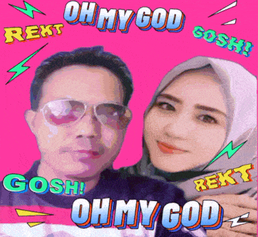 a man and a woman are posing for a picture with the words oh my god gosh and rekt surrounding them