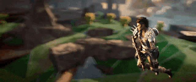 a video game character is flying through the air with a sword .