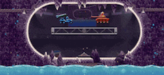 a video game scene with a purple background and a blue water surface