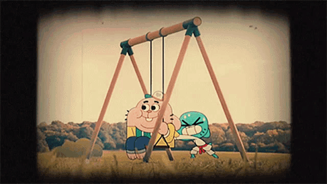 two cartoon characters are on a swing set in a field