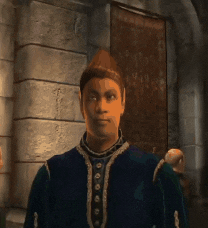 a man wearing a hat and a blue robe is standing in front of a stone wall