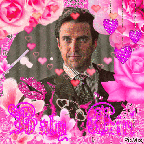 a picture of a man in a suit and tie is surrounded by pink flowers and hearts and says picmix