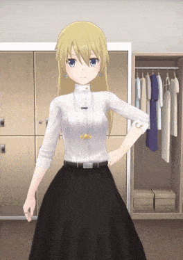a girl in a white shirt and black skirt is standing in front of a closet