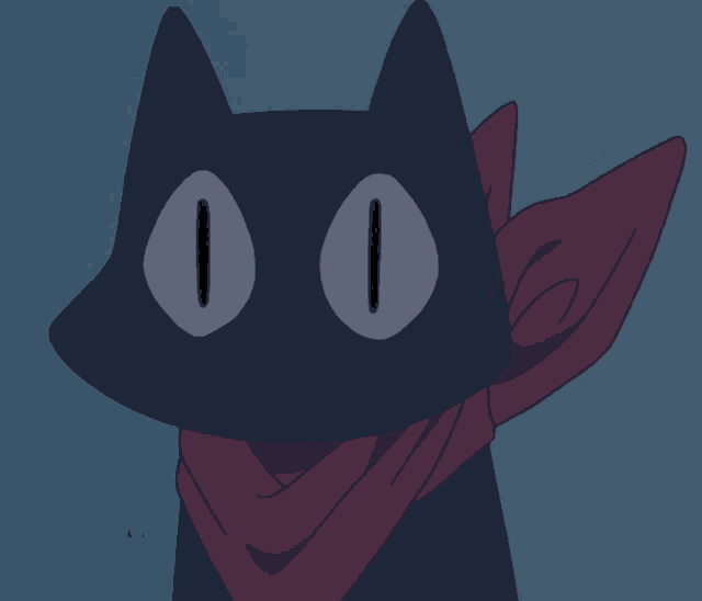 a black cat with blue eyes and a red scarf around it 's neck