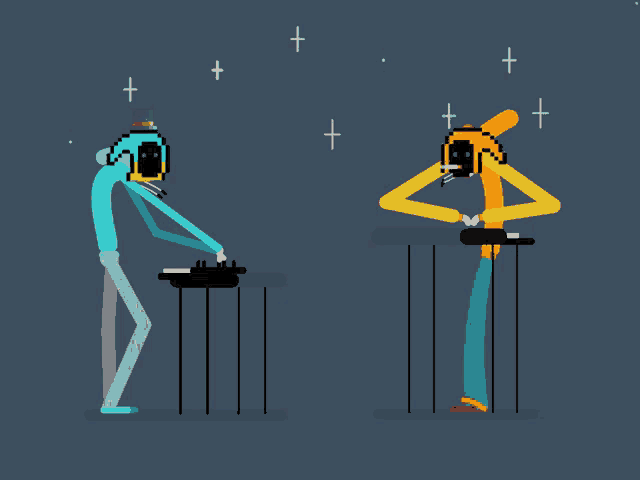 a cartoon drawing of a man wearing headphones and a microscope