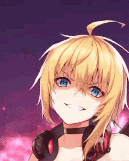 a close up of a blonde anime girl wearing headphones .