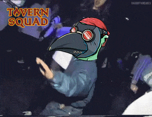 a cartoon of a man in a plague mask with the words tavern squad written on the bottom