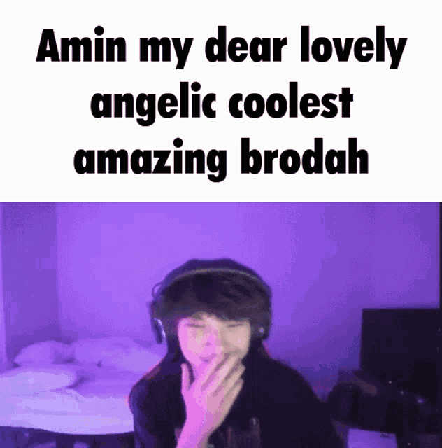 a boy wearing headphones is making a funny face in front of a purple light .
