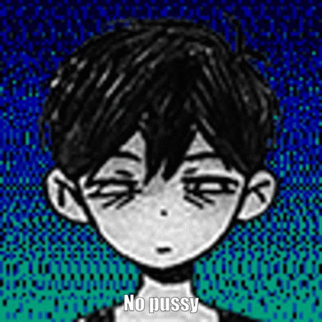 a black and white drawing of a boy with his eyes closed and the words `` no pussy '' .