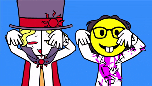 a cartoon of a vampire and a smiley face covering their eyes with their hands