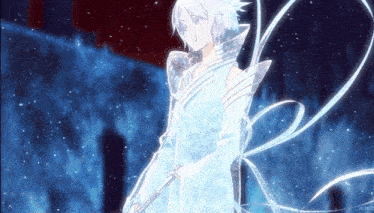 a girl with white hair is holding a sword in a blue background