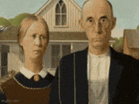 a man and woman are standing in front of a house in a painting