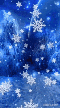 snowflakes falling on a blue background in a snowy forest