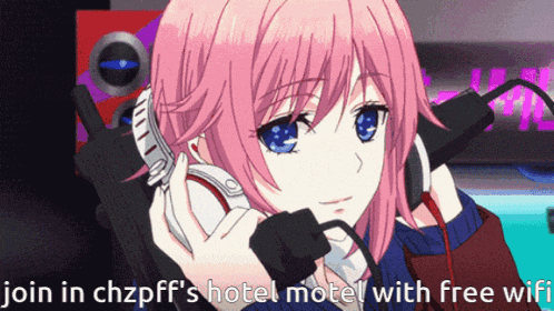 a picture of a girl with headphones and the words join in chzpff 's hotel motel with free wifi on the bottom