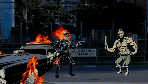a cartoon of a police officer shooting a gun in front of a car on fire