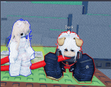 a girl in a white outfit is standing next to a girl in a black outfit