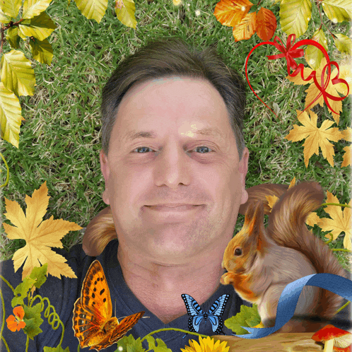 a man with a squirrel and butterflies around his face