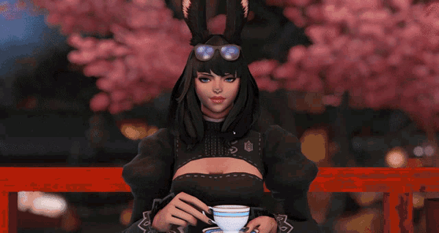 a woman wearing bunny ears is holding a cup of coffee