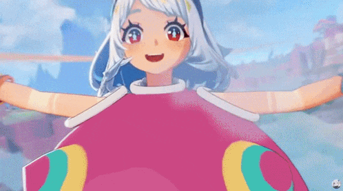 a cartoon girl with white hair and red eyes is wearing a pink and blue dress