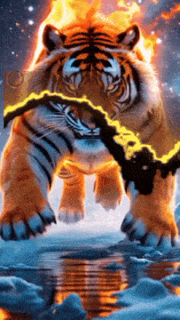 a painting of a tiger with a lightning bolt coming from its mouth