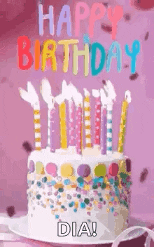a birthday cake with candles on it and the words `` happy birthday dia '' .