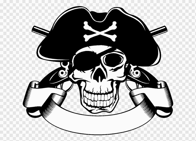 a black and white drawing of a pirate skull with two guns and a banner
